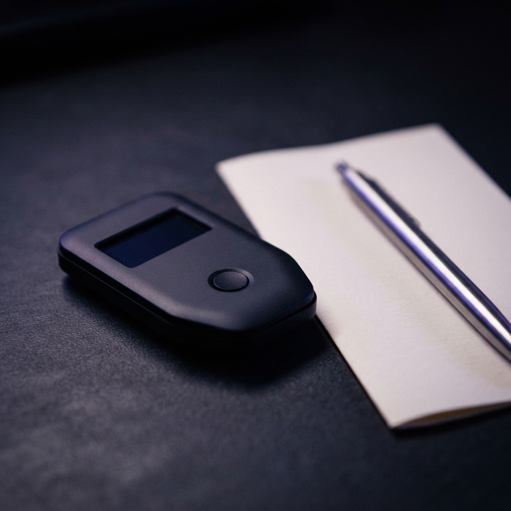 Dark handheld device with a blank screen beside a pen on a white sheet of paper.